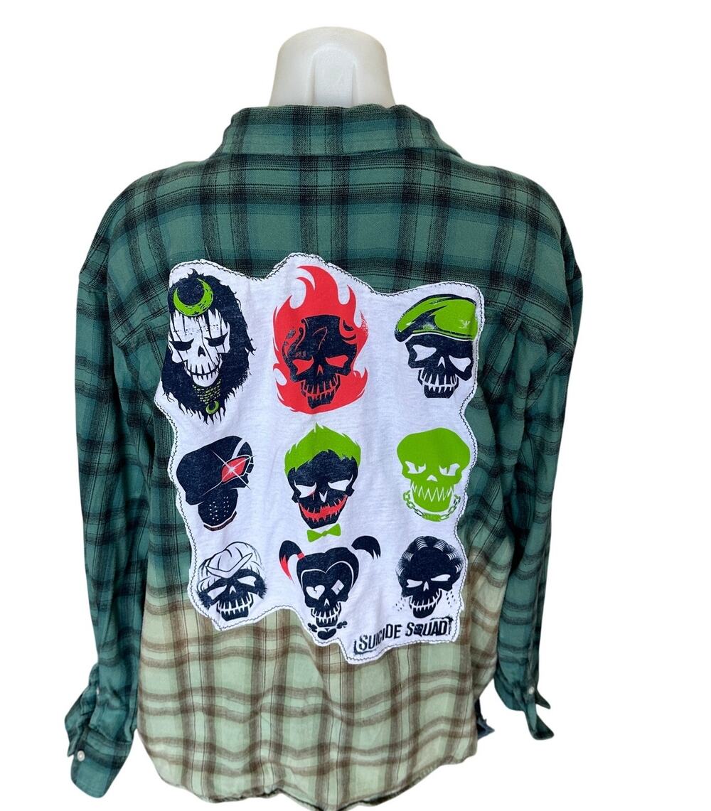 Suicide Squad Plaid Flannel Shirt XXL Oversized Upcycled Unique DC Comics Grunge
